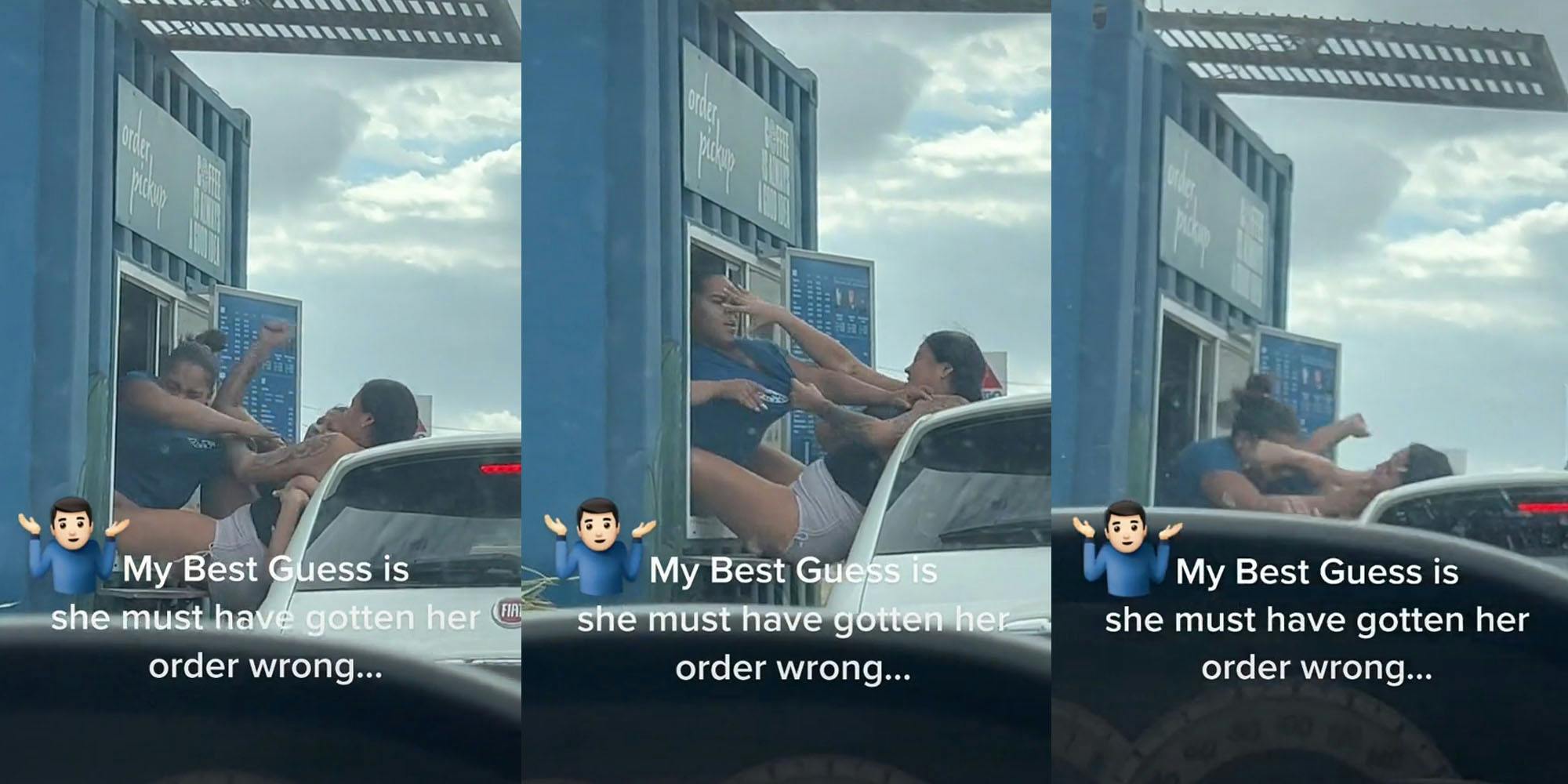 recording from car woman out of window hitting worker worker grabbing womans arm caption 'My Best Guess is she must have gotten her order wrong...' (l) recording from car woman out of car window legs going into worker window hand on workers face caption 'My Best Guess is she must have gotten her order wrong...' (c) recording from car woman punching worker from car window caption 'My Best Guess is she must have gotten her order wrong...' (r)
