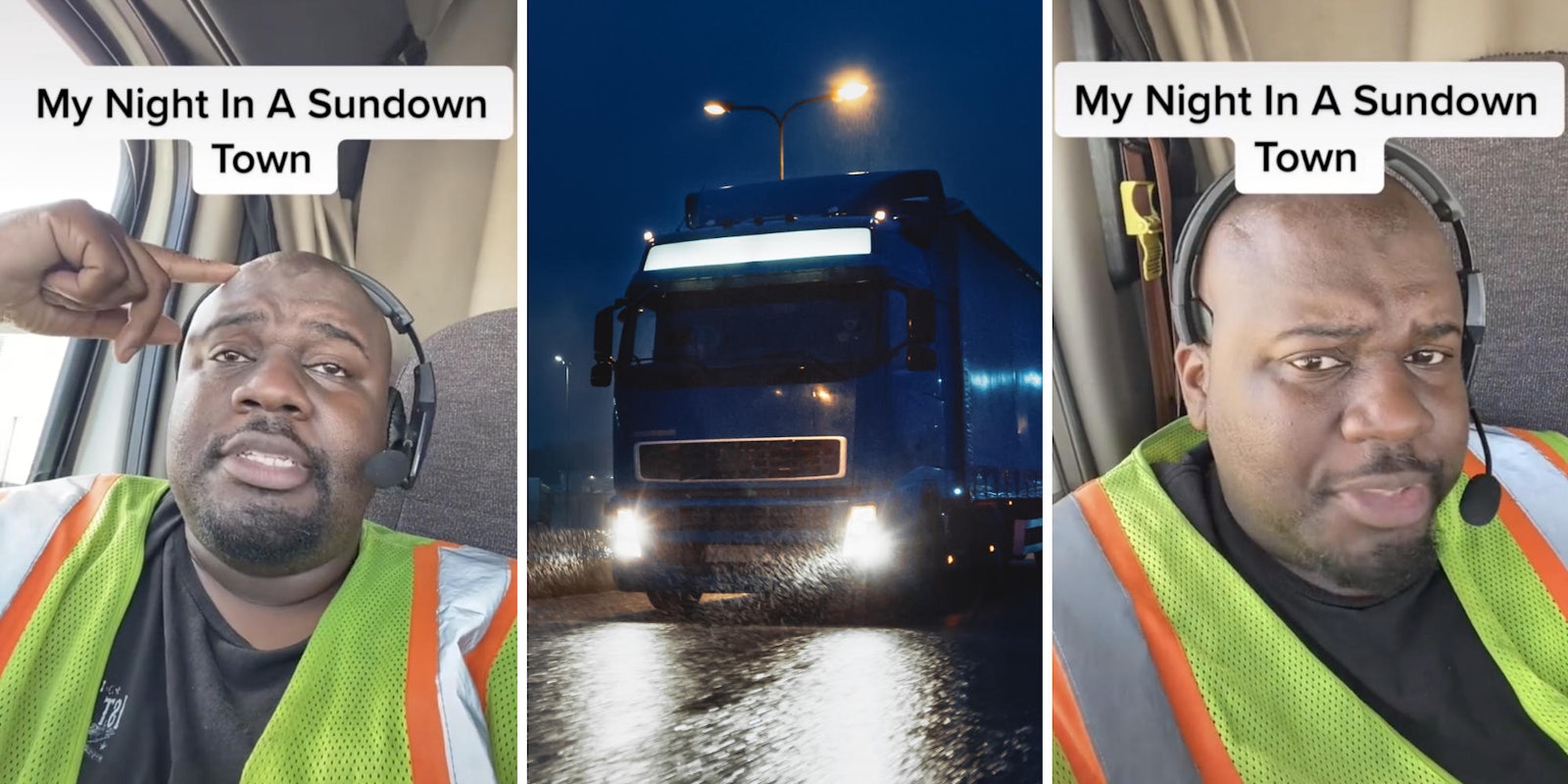 black man sitting in truck looking exhausted (l) truck driving on road at night (c) black man looking confused (r)