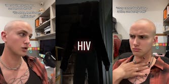 man talking in chair caption "*goes to urgent care for a random sore throat* "it's strep, here's some antibiotics" (l) man in black outfit in dark room caption "HIV"(c) man talking in chair hand on throat caption "*strep comes back, i lose30lbs, can barely walk*" (r)