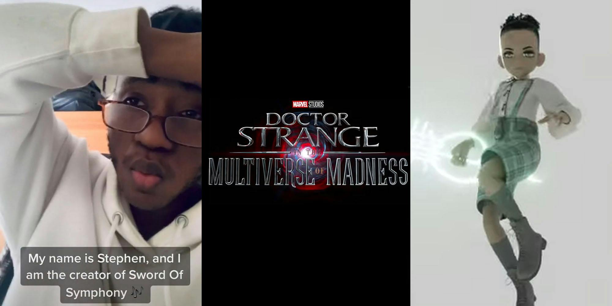 Man holding arm up to head caption "My name is Stephen, and I am the creator of Sword of Symphony (l) Doctor Strange in the Multiverse of Madness trailer logo on black background (c) Sword Of Symphony animated character on white background (r)