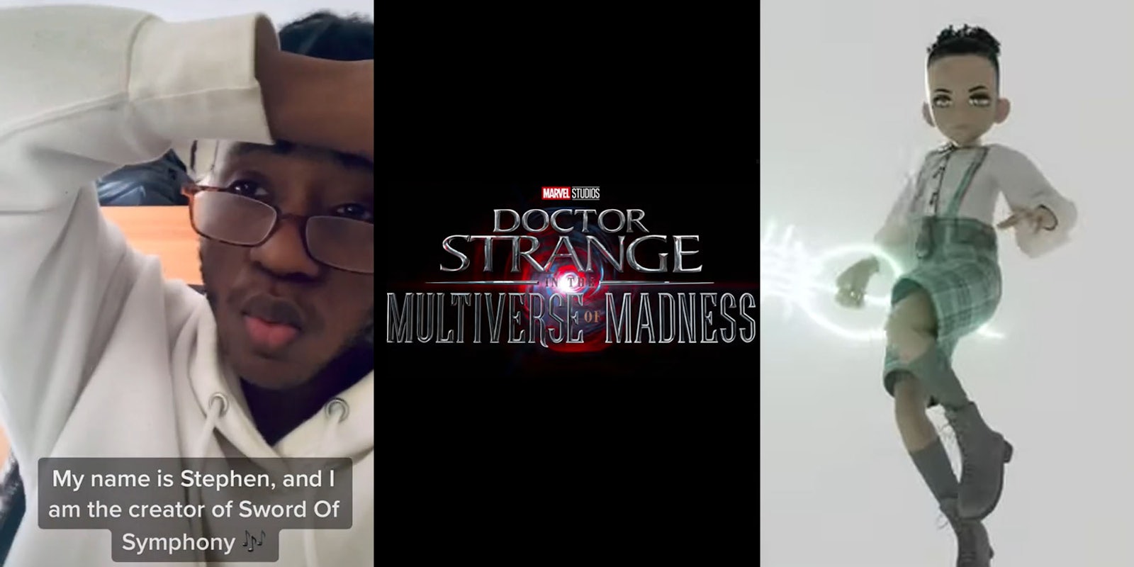 Man holding arm up to head caption 'My name is Stephen, and I am the creator of Sword of Symphony (l) Doctor Strange in the Multiverse of Madness trailer logo on black background (c) Sword Of Symphony animated character on white background (r)