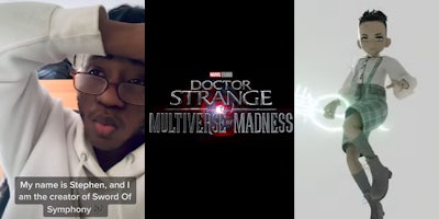 Man holding arm up to head caption 'My name is Stephen, and I am the creator of Sword of Symphony (l) Doctor Strange in the Multiverse of Madness trailer logo on black background (c) Sword Of Symphony animated character on white background (r)