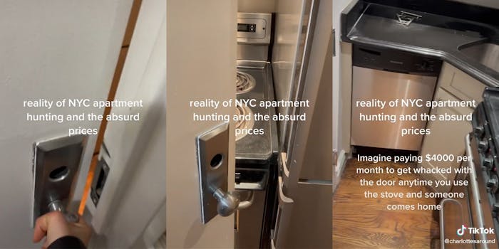 hand opening door (l) door unable to open fully due to oven (c) tiny kitchen (r) with captions "reality of NYC apartment hunting and the absurd prices" "imagine paying $4000 per month to get whacked with the door anytime you use the stove and someone comes home"