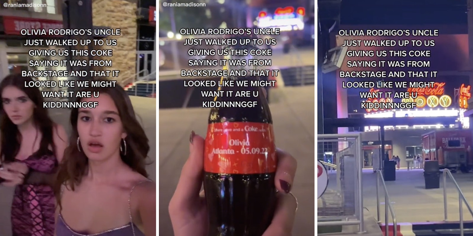 brunette woman gasping (l) bottle of coke with the name Olivia on it (c) stage entrance (r)