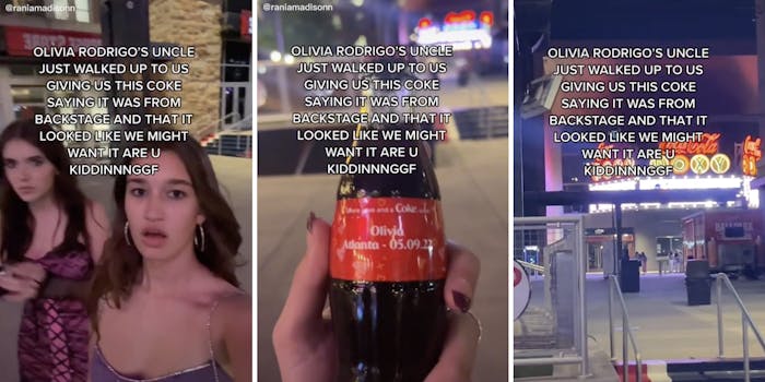 brunette woman gasping (l) bottle of coke with the name Olivia on it (c) stage entrance (r)