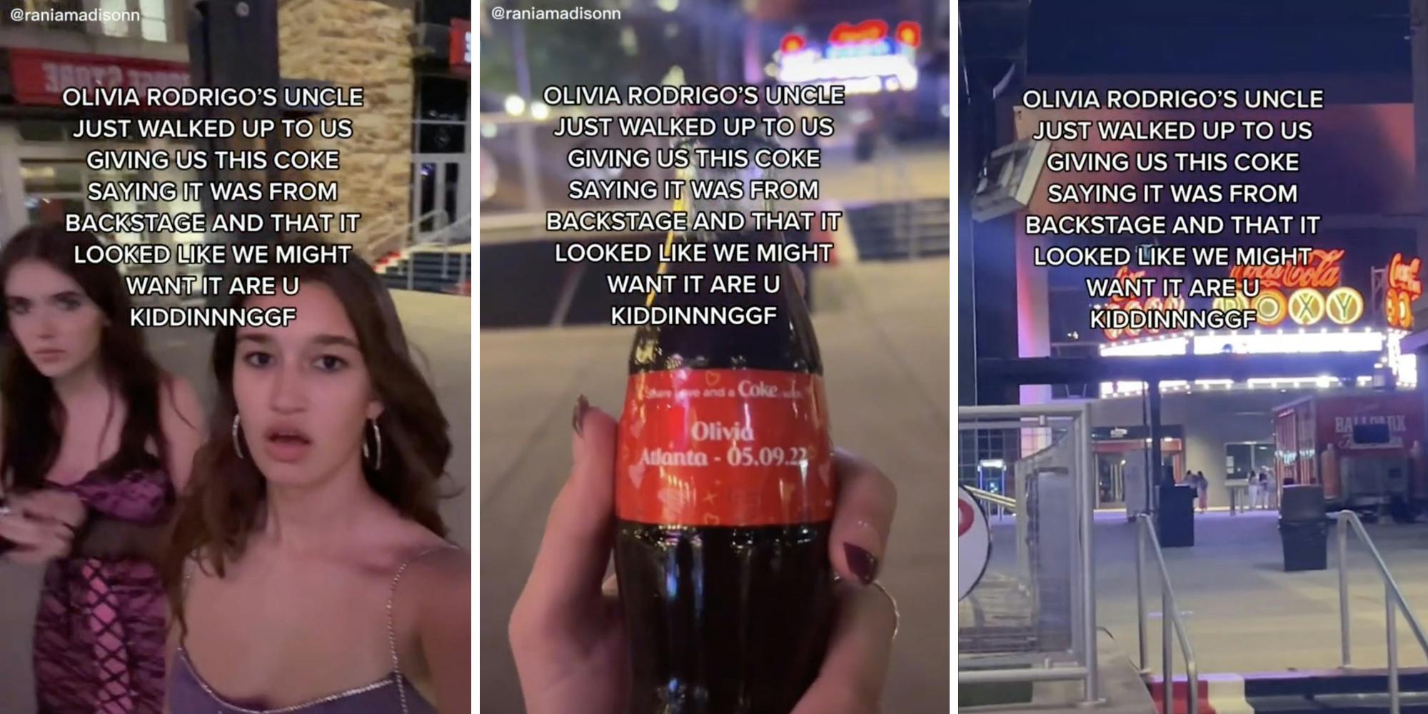 brunette woman gasping (l) bottle of coke with the name Olivia on it (c) stage entrance (r)