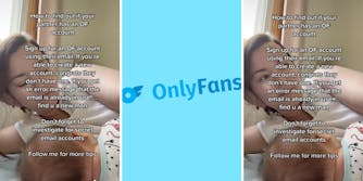 woman laying on bed with baby (l) (r) onlyfans logo (c)