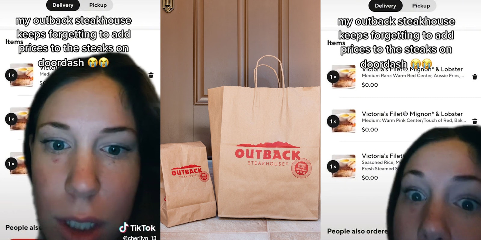 Woman greenscreen TikTok over Doordash app Outback Steakhouse caption 'my outback steakhouse keeps forgetting to add prices to the steaks on doordash' (l) Outback Steakhouse bags on doorstep (c) woman greenscreen TikTok over Doordash app Outback Steakhouse screen with 0.00 as prices for filet mignon and lobster caption 'my outback steakhouse keeps forgetting to add prices to the steaks on doordash' (r)