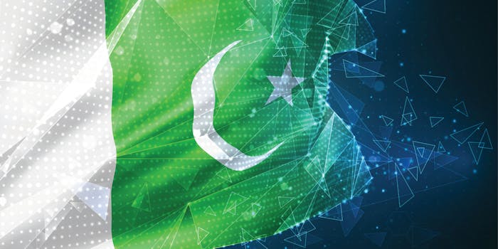 Pakistan flag with digital effects on right side on blue background