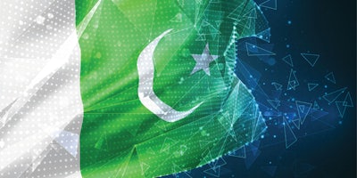Pakistan flag with digital effects on right side on blue background