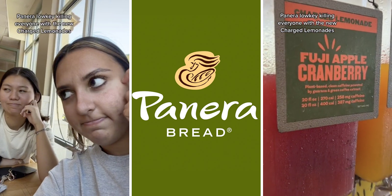 two women in a restaurant looking to the left (l) panera bread logo (c) tub of red lemonade (r)