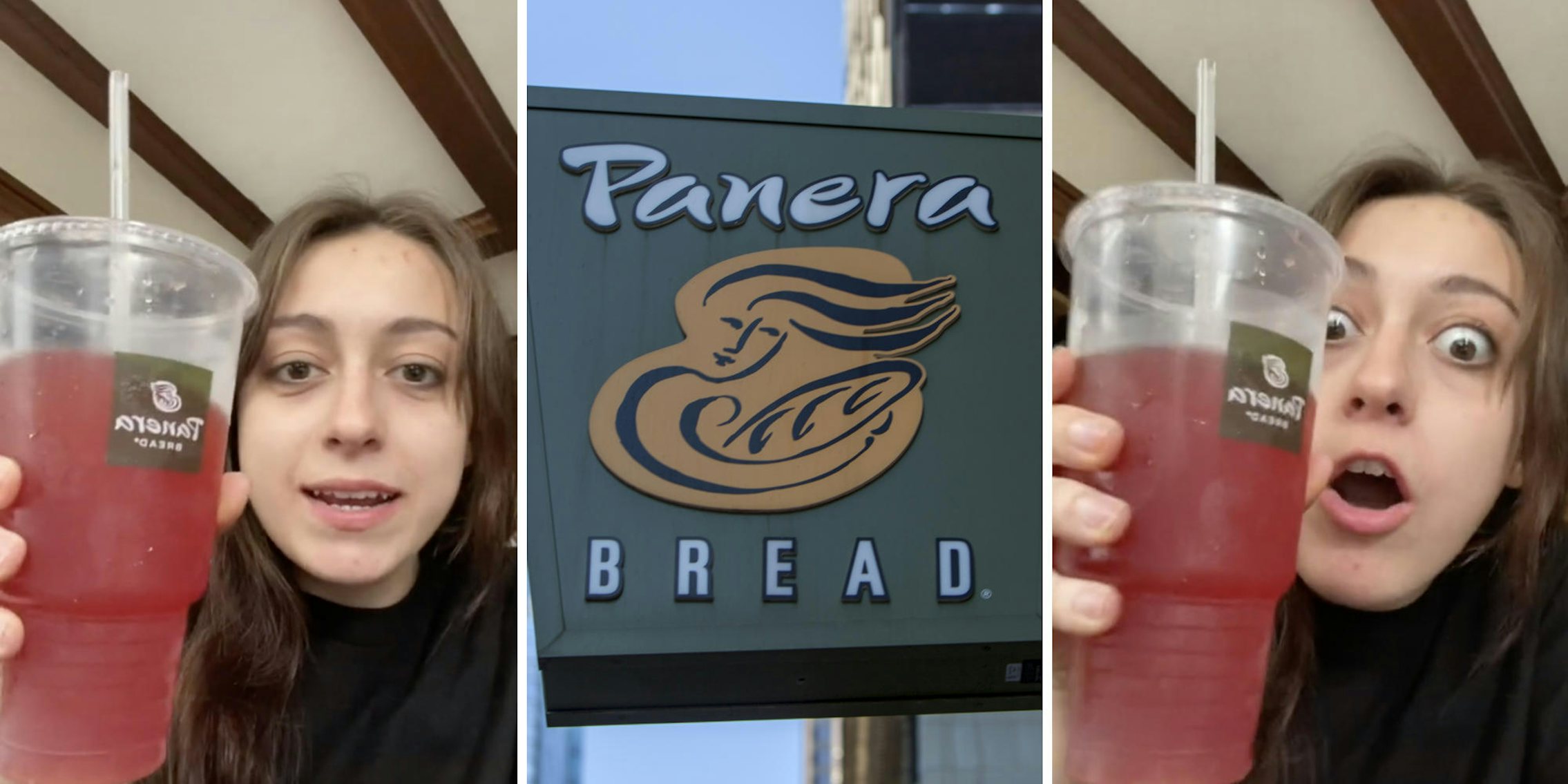 woman holding up drink (l) panera logo (c) woman gasping (r)