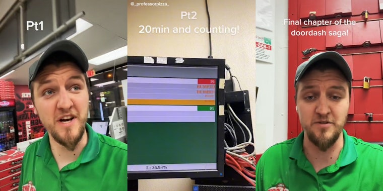 Papa John's worker with Pt1 caption (l) order screen with red BUMPED and caption 'Pt2 20min and counting!' (c) Papa John's worker with caption 'Final chapter of the doordash saga!' (r)