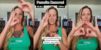 Woman moving hands spiritually (l) woman closed eyes hands moving spiritually caption "Parasite Removal 93.9hz 7.83hz Here is another parasite killing frequency "93.9hz plus 7.83hz" (c) woman posing hands spiritually (r)
