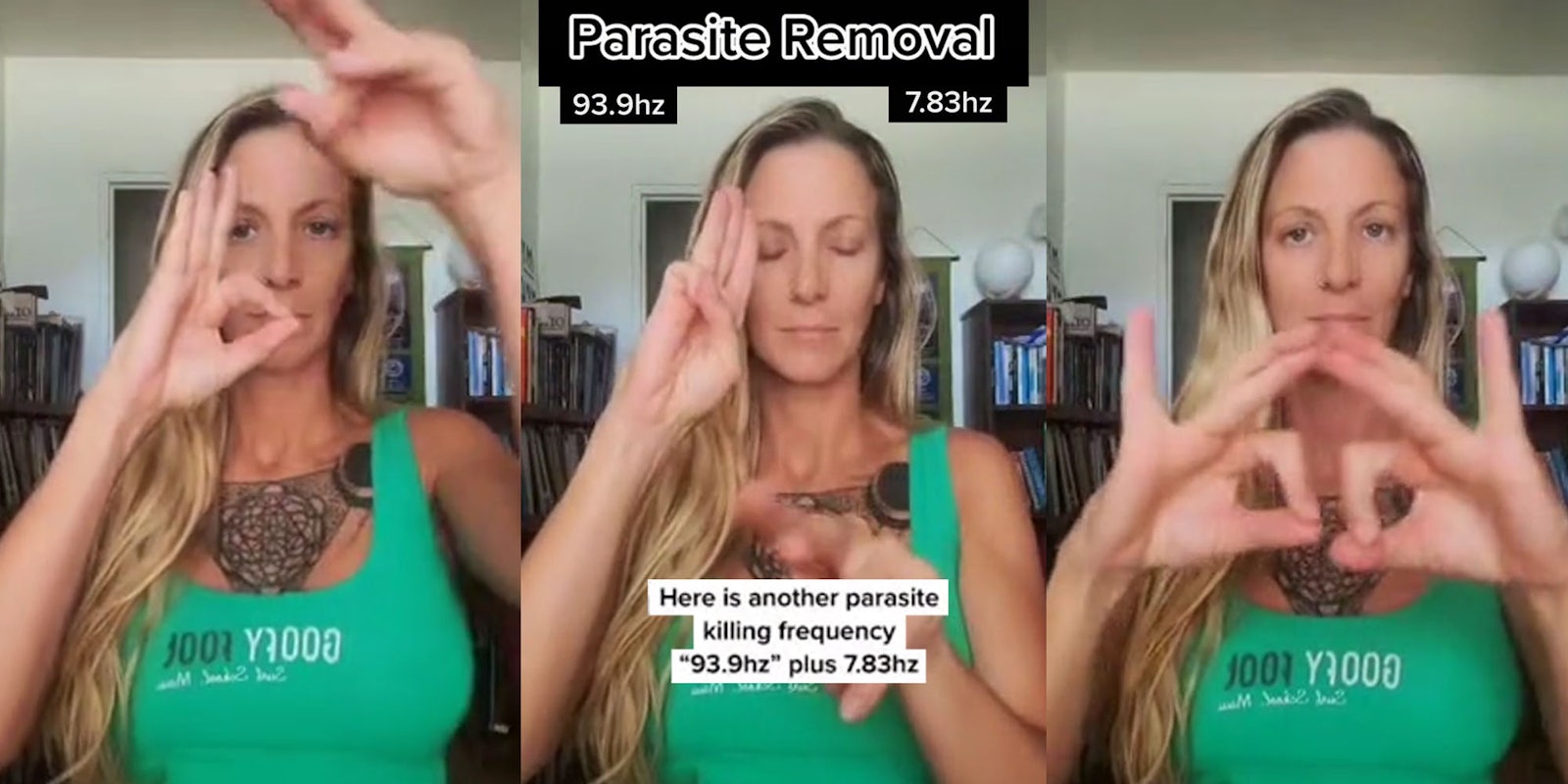 Woman moving hands spiritually (l) woman closed eyes hands moving spiritually caption 'Parasite Removal 93.9hz 7.83hz Here is another parasite killing frequency '93.9hz plus 7.83hz' (c) woman posing hands spiritually (r)