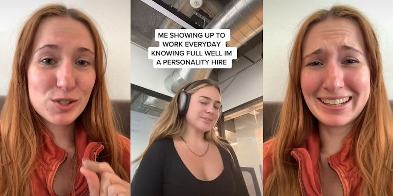 woman speaking fingers pinched together (l) woman sitting at job with headphones caption 'ME SHOWING UP TO WORK EVERYDAY KNOWIZNG FULL WELL IM A PERSONALITY HIRE' (c) woman smiling squinting eyes (r)