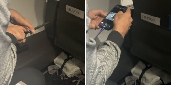 Man holding phone towards adjacent passengers feet pressing screen (l) man holding phone with what appears to be a foot photo of the adjacent passenger (r)