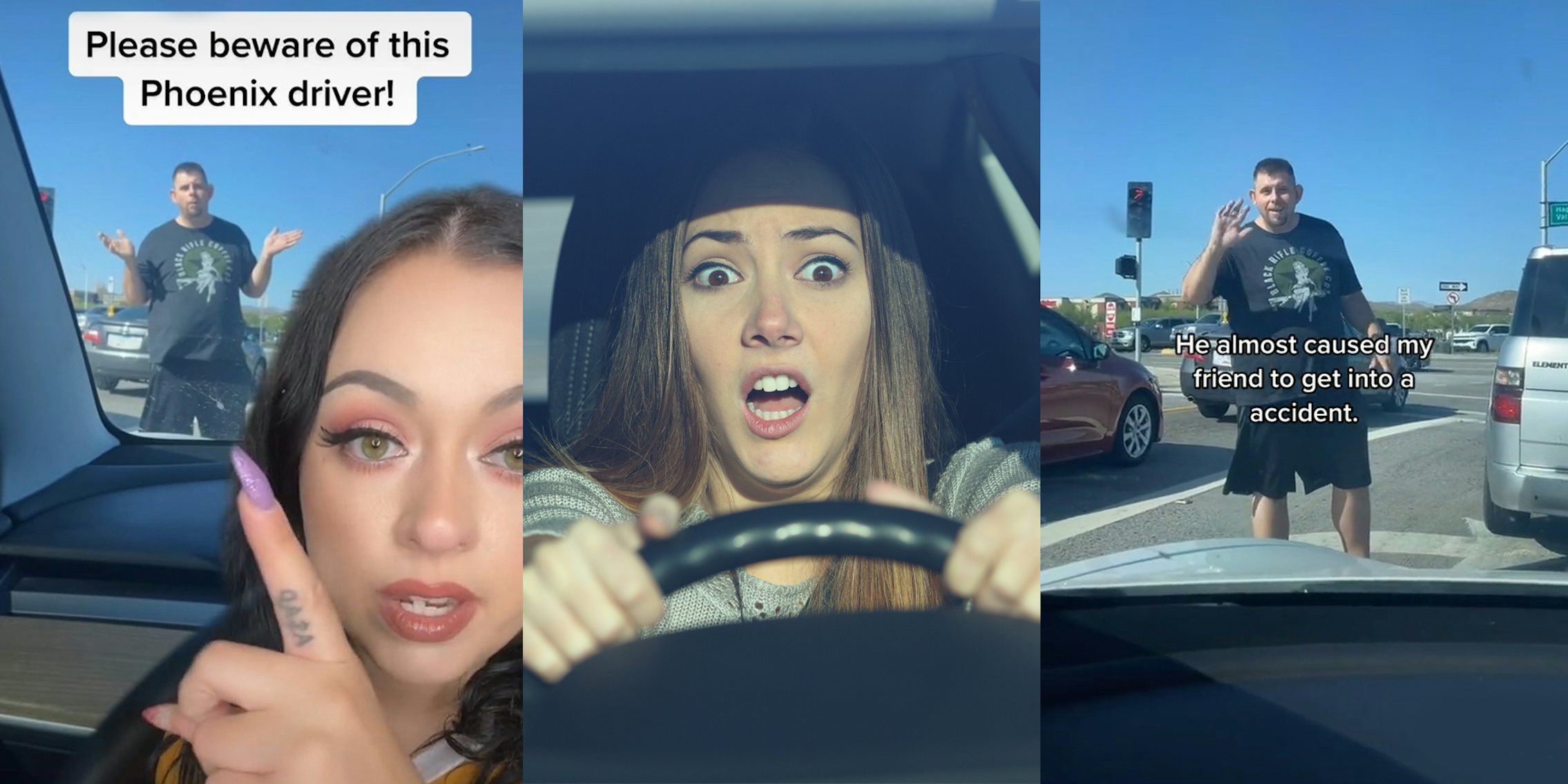 Woman greenscreen TikTok pointing to man in car window putting hands out caption 'Please beware of this Phoenix driver!' (l) woman hands on wheel mouth open scared (c) man through car window putting hand up caption 'He almost caused my friend to get into a accident.' (r)