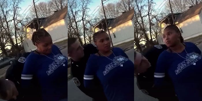African American woman being pat down by white male officer (l) woman reaction after officer does pat down wrong and touches her (c) woman looking at officer scared (r)