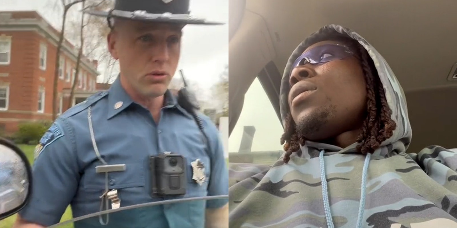 Police officer (l) man in sunglasses inside car (r)