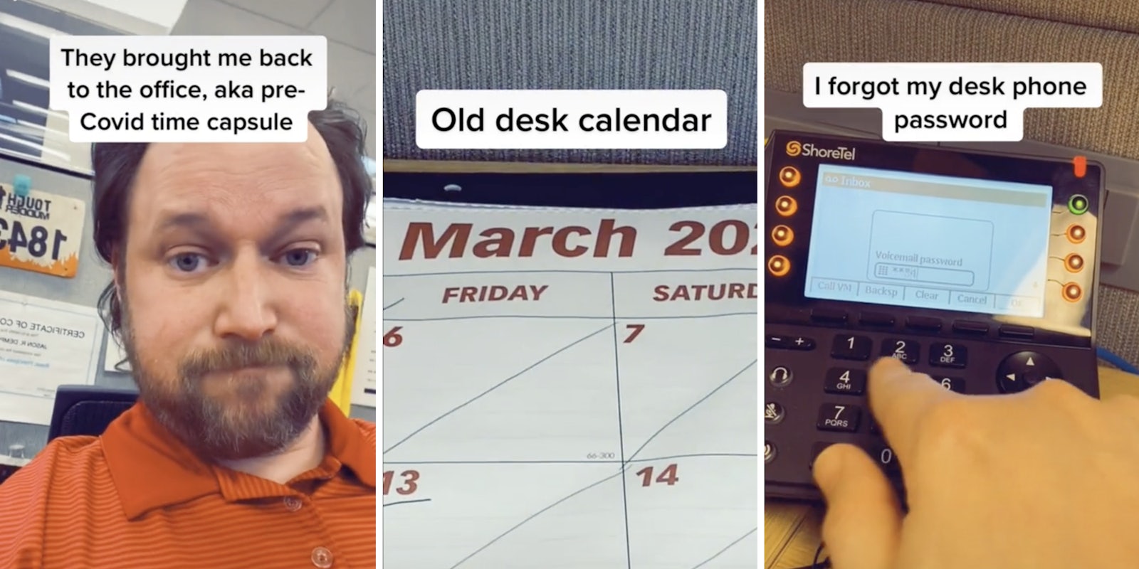man sitting in office looking at camera (l) desk calendar (m) typing in desk phone (r)