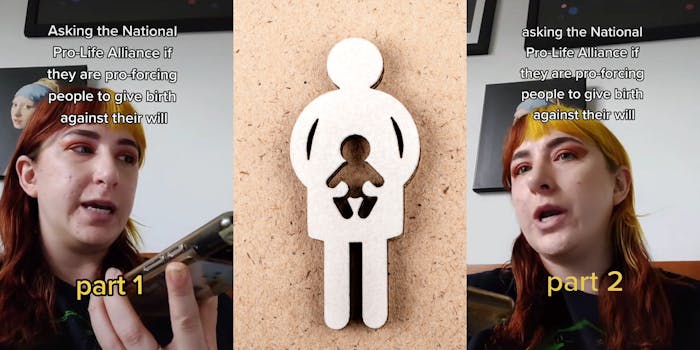 Woman holding phone "part 1" caption "Asking the National Pro-Life Alliance if they are pro-forcing people to give birth against their will" (l) woman shaped wooden figure with baby shaped cut out in center on cork board background (c) woman holding phone "part 2" caption "Asking the National Pro-Life Alliance if they are pro-forcing people to give birth against their will" (r)