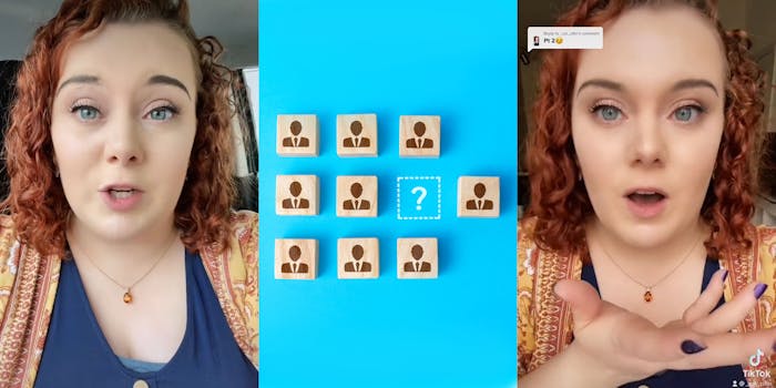 woman speaking in car (l) vacant spot recruitment concept wooden blocks with faces one spot open with question mark on blue background (c) woman speaking hand up caption "part 2" (r)