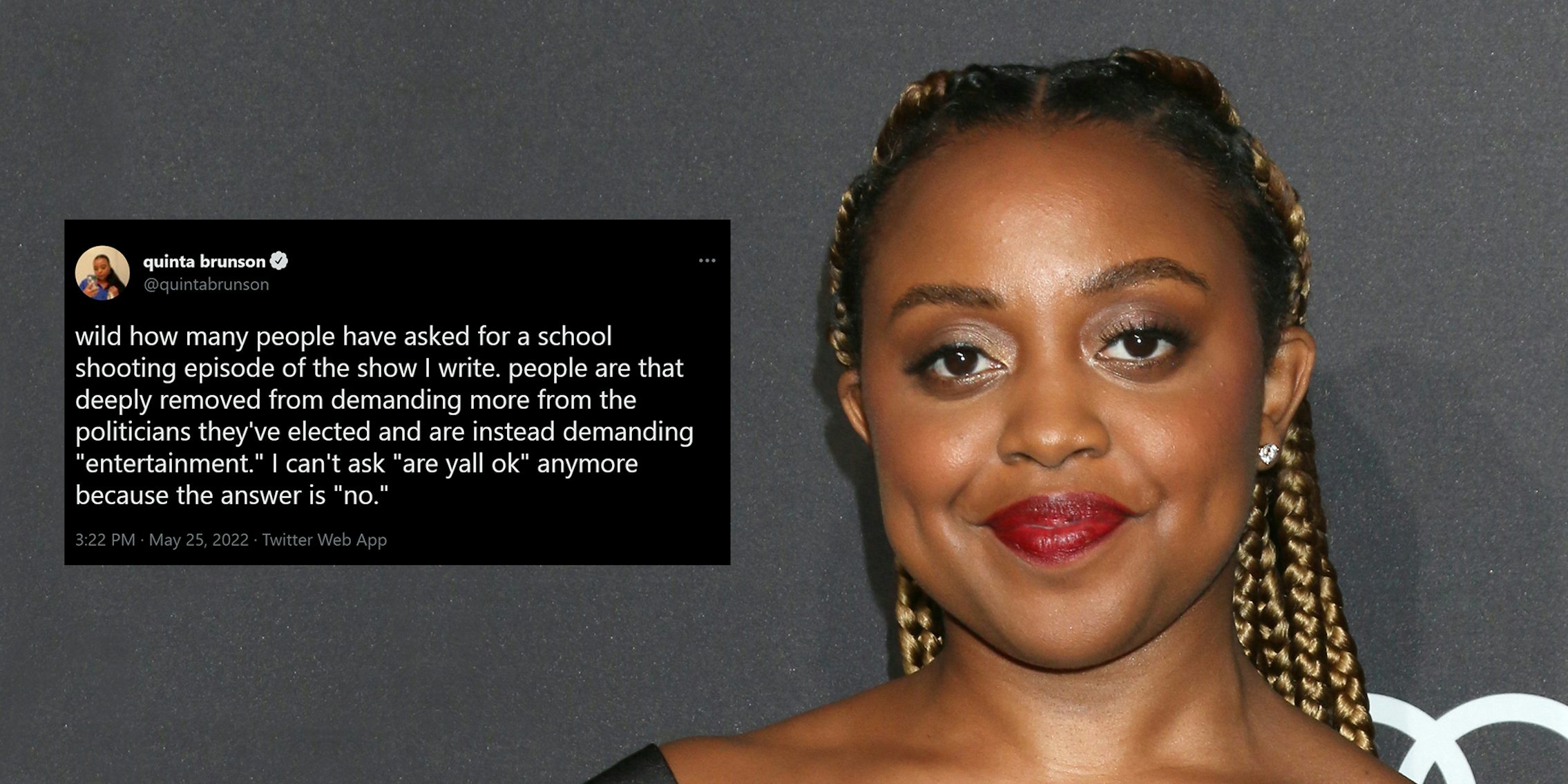 Quinta Brunson with tweet inset 'wild how many people have asked for a school shooting episode of the show I write. people are that deeply removed from demanding more from the politicians they've elected and are instead demanding 'entertainment.' I can't ask 'are yall ok' anymore because the answer is 'no'.'