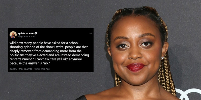 Quinta Brunson with tweet inset 'wild how many people have asked for a school shooting episode of the show I write. people are that deeply removed from demanding more from the politicians they've elected and are instead demanding 'entertainment.' I can't ask 'are yall ok' anymore because the answer is 'no'.'