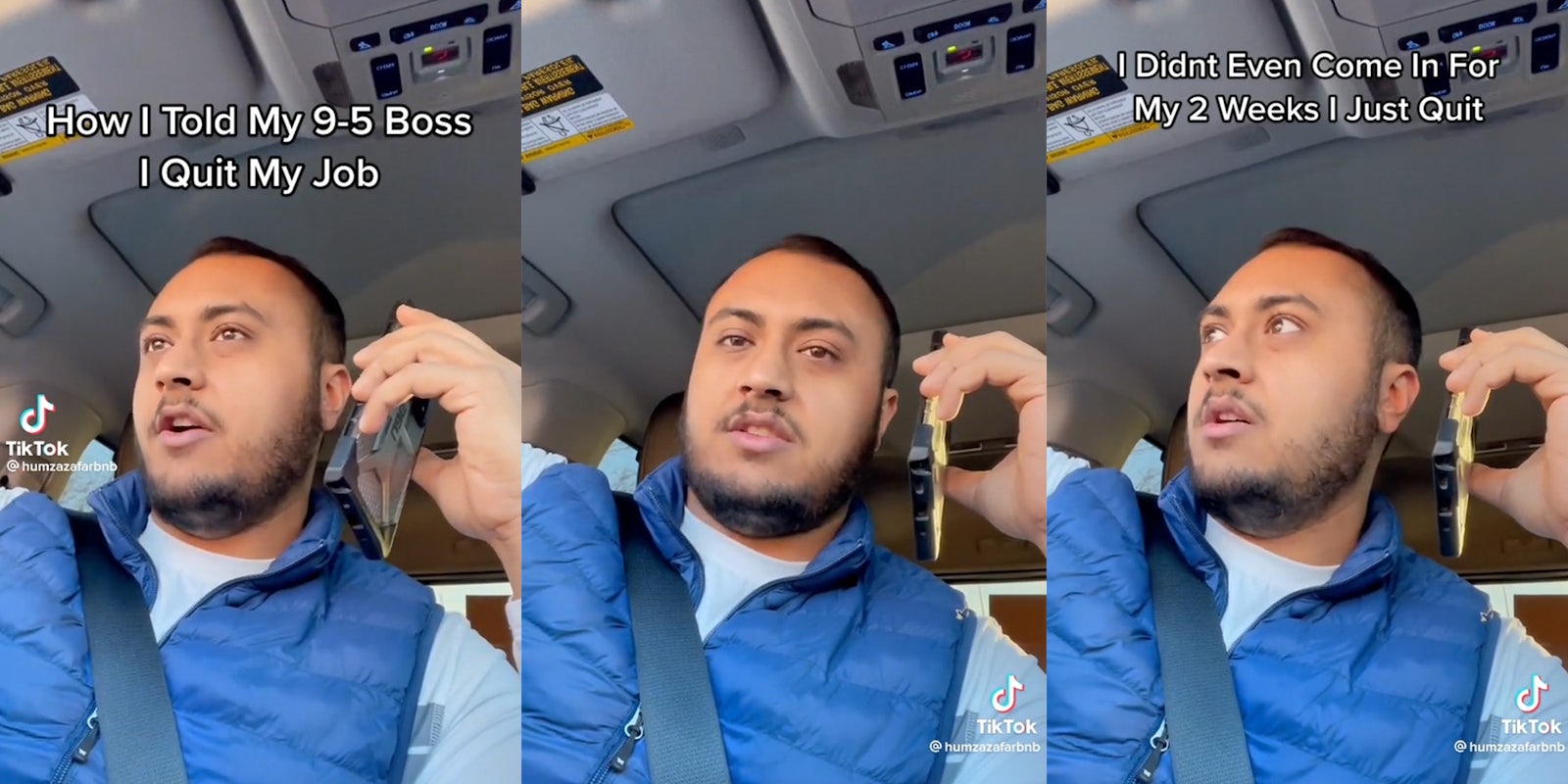 man on phone in car with captions 'How I told my 9-5 boss I quit my job' and 'I didn't even come in for my 2 weeks I just quit'