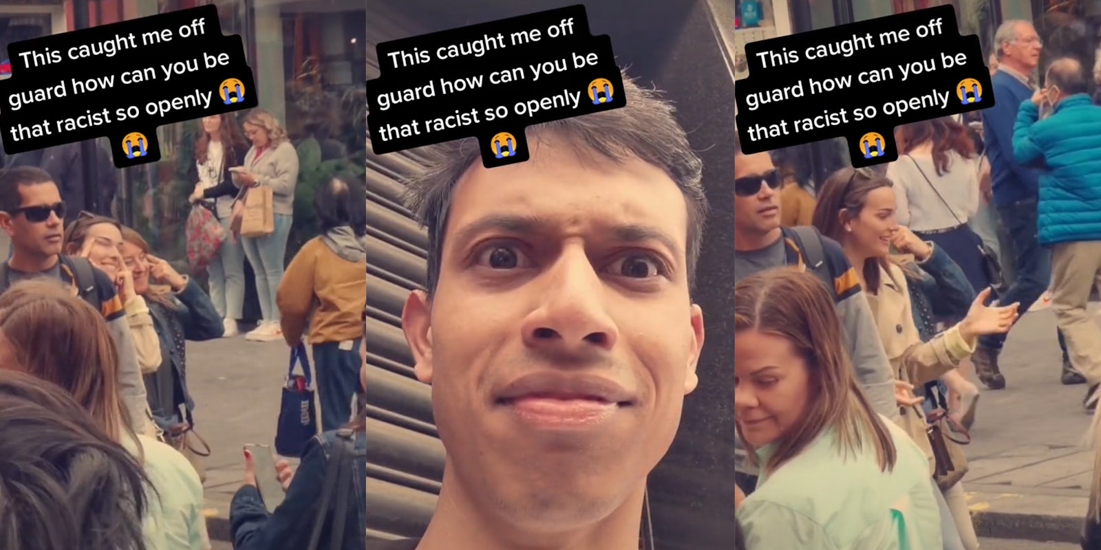 young women in street stretching their eyes with their hands for a photo (l) dismayed man (c) woman reaching for her phone after photo (r) all with caption 'This caught me off guard how can you be that racist so openly'