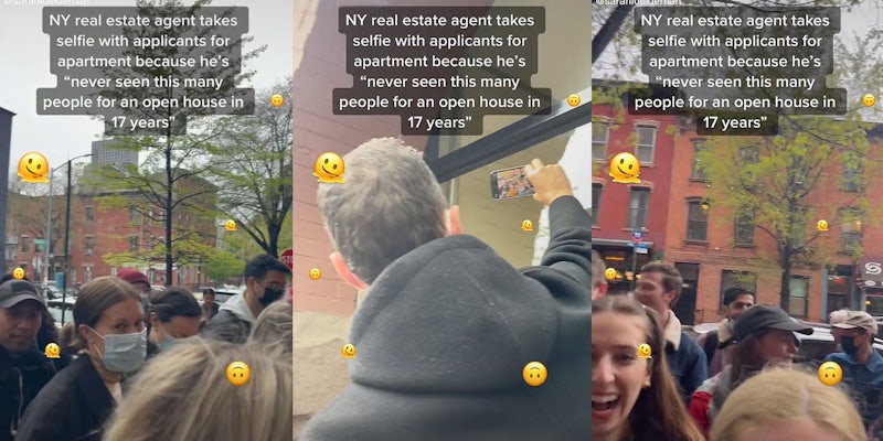 crowd on sidewalk caption 'NY real estate agent takes selfie with applicants for apartment because he's 'never seen this many people for an open house in 17 years' (l) Real estate agent holding phone taking group selfie caption 'NY real estate agent takes selfie with applicants for apartment because he's 'never seen this many people for an open house in 17 years' (r) group of people on sidewalk caption 'NY real estate agent takes selfie with applicants for apartment because he's 'never seen this many people for an open house in 17 years' (r)