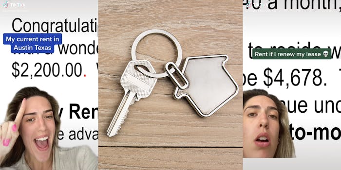 young woman pointing at $2,200 text in background with caption "My current rent in Austin Texas" (l) key on house keychain (c) same young woman with dismayed look in front of $4,678 text in background with caption "rent if I renew my lease"