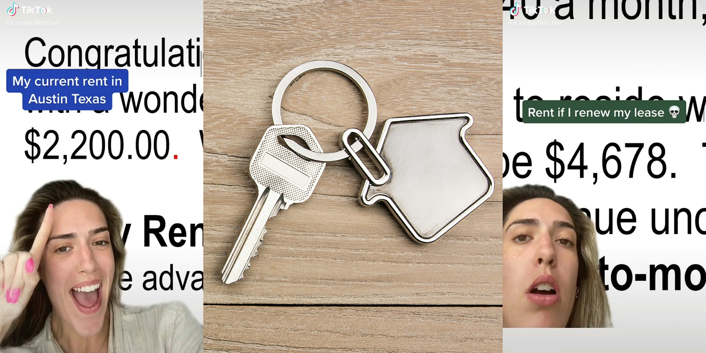 young woman pointing at $2,200 text in background with caption 'My current rent in Austin Texas' (l) key on house keychain (c) same young woman with dismayed look in front of $4,678 text in background with caption 'rent if I renew my lease'
