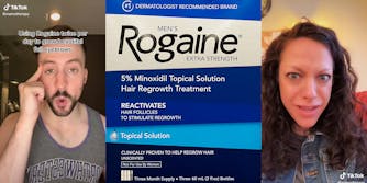 man touching eyebrow with caption "Using Rogaine twice per day to grow beautiful full eyebrows" (l) Rogain box (c) shocked woman (r)
