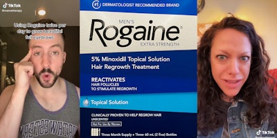 man touching eyebrow with caption 'Using Rogaine twice per day to grow beautiful full eyebrows' (l) Rogain box (c) shocked woman (r)