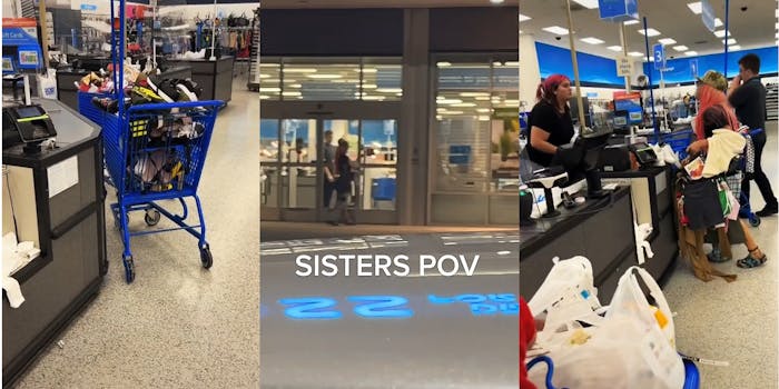 Ross interior cart at checkout full to brim with shoes (l) Ross exterior with woman shouting at closed doors with Ross employees inside caption "SISTERS POV" (c) Woman holding items at checkout Ross employee yelling over counter while employee is on stand by (r)
