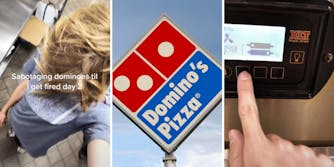 employee in dominos (l) dominos logo (m) pushing a button on stove (r)