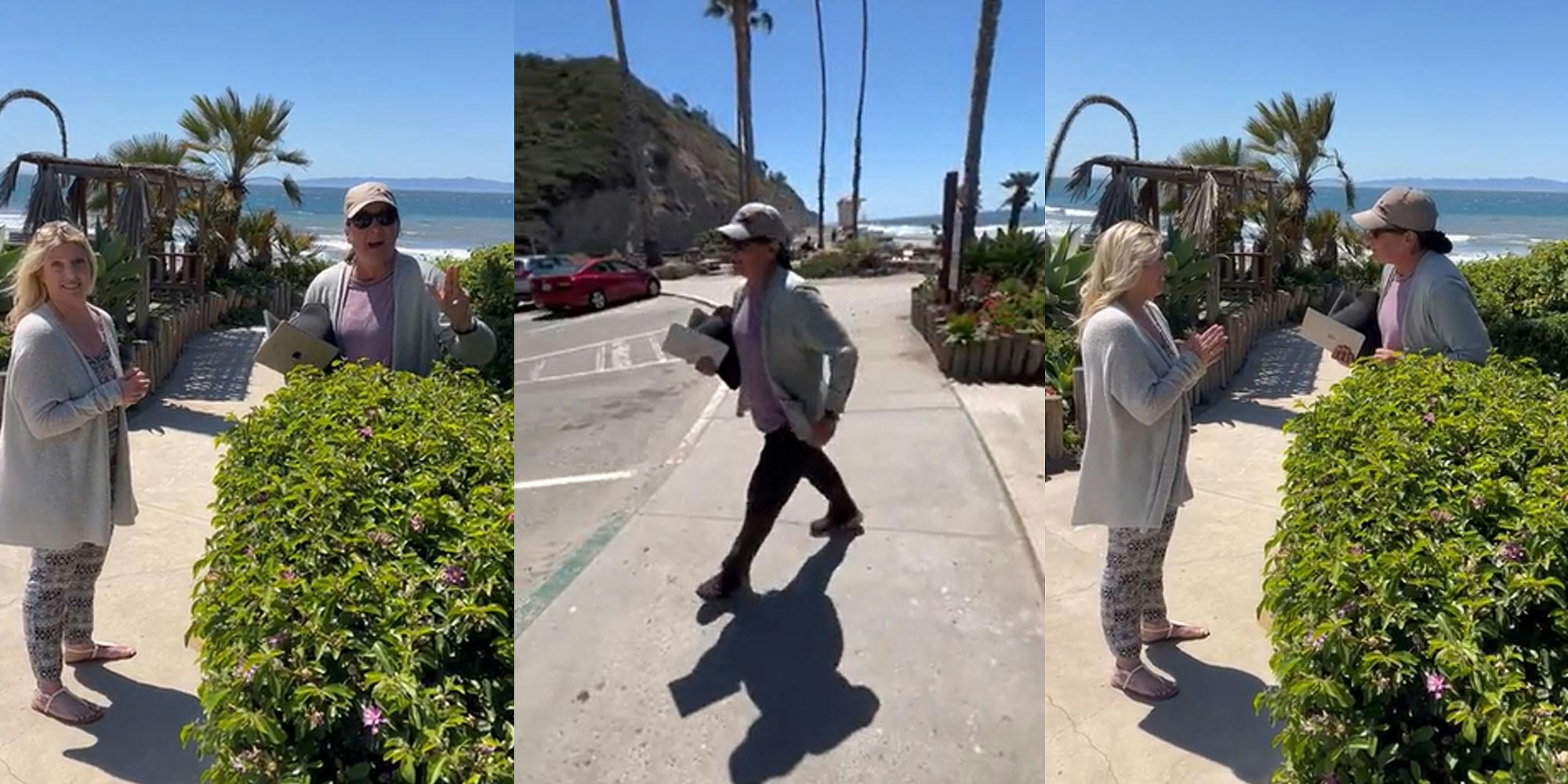 Women standing at beach on sidewalk fighting one woman holding iPad pointing hand (l) woman with iPad storming away in parking lot (c) women arguing at beach on sidewalk one holding iPad (r)