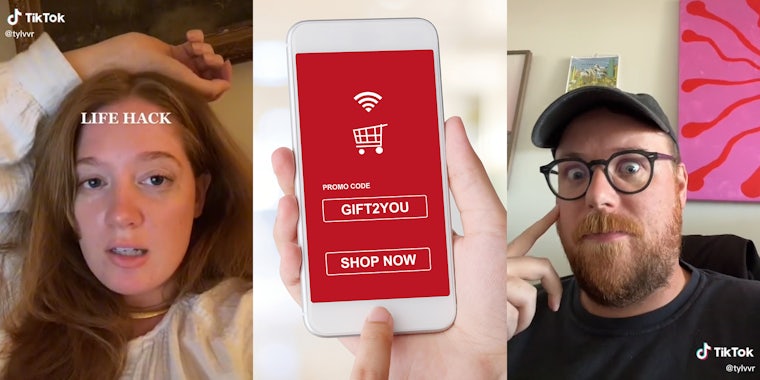 young woman with caption 'LIFE HACK' (l) hand holding phone with shopping cart icon and Promo code field 'GIFT2YOU' and 'SHOP NOW' button (c) man with raised eyebrows touching cheek (r)
