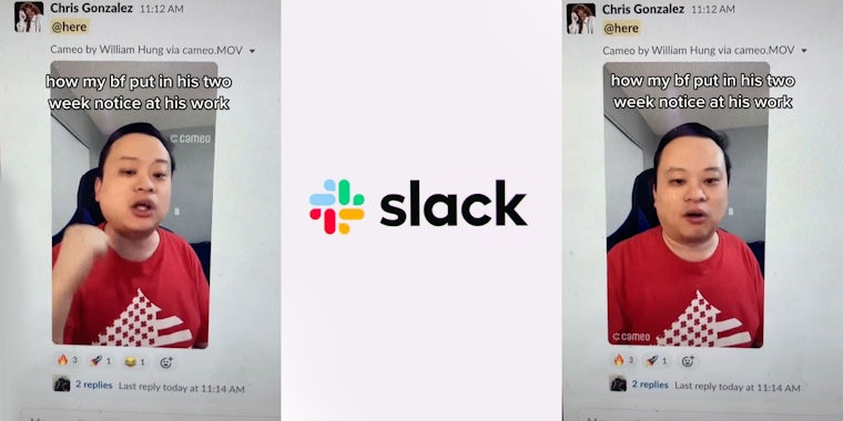 laptop screen man cameo hand up in slack messaging caption 'how my bf put in his two weeks notice at his work' (l) slack logo on white background (c)laptop screen man cameo in slack messaging caption 'how my bf put in his two weeks notice at his work' (r)