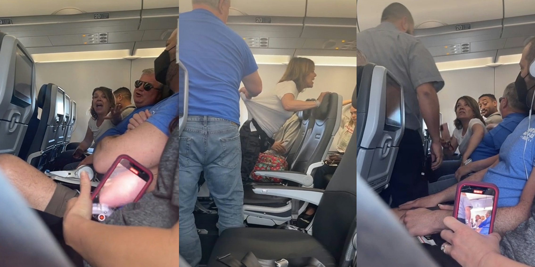 Woman yelling while passengers record her in plane (l) Man holding woman back by her shirt pulling it in plane (c)plane seating A different man standing near woman while passengers record her (r)