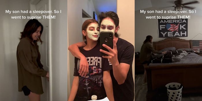 Mother at sons door caption "My son has a sleepover. So I went to surprise THEM!" (l) woman's son and the girl he had a sleepover with in mirror selfie face masks on (c) woman hand on bed grabbing someone under covers caption "My son had a sleepover. So I went to surprise THEM!" (r)