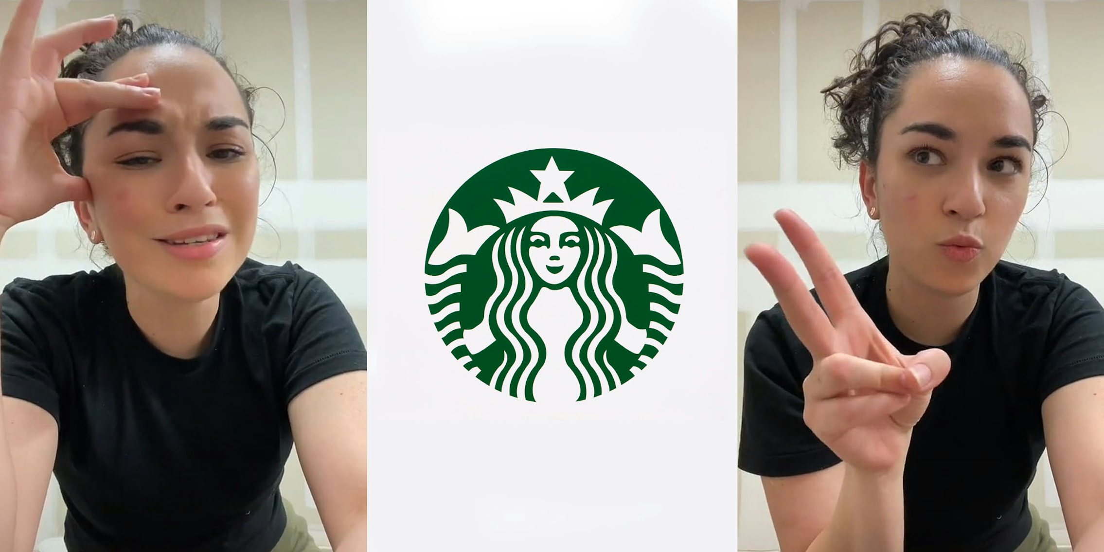 woman speaking hand on forehead (l) starbucks logo on white background (c) woman holding to fingers up speaking (r)
