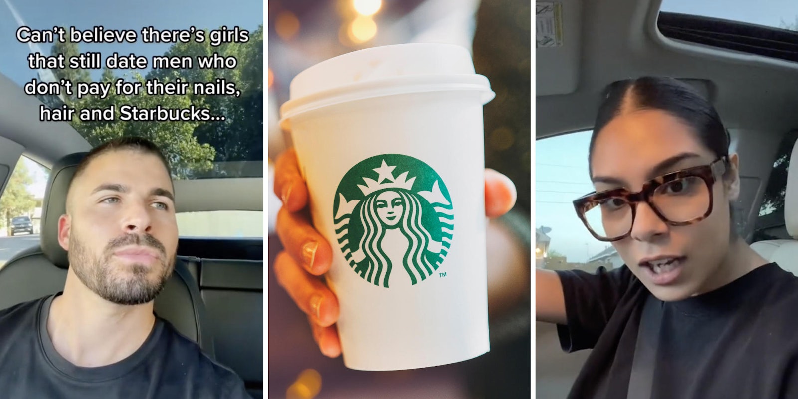 bearded man looking around in car (l) starbucks coffee (c) woman in glasses looking at camera (r)