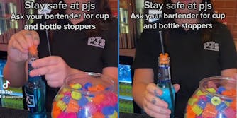 Woman holding bottle at bar putting stopper into top of bottle caption "Stay safe at pj's Ask your bartender for cup and bottle stoppers" (l) Woman at bar holding bottle with stopper and straw in it caption "Stay safe at pj's Ask your bartender for cup and bottle stoppers" (r)