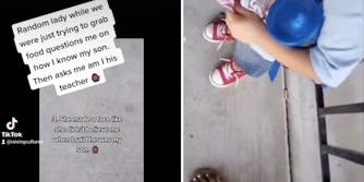 overlaid dialogue on tiktok (l) black mother with white son (r)