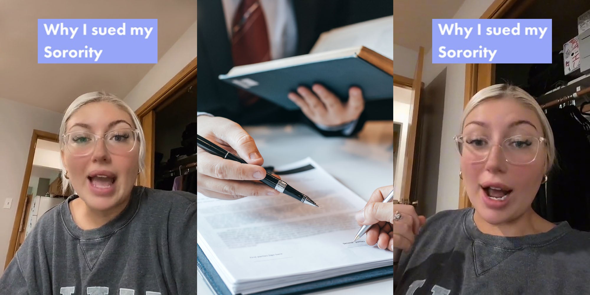 woman speaking caption 'Why I sued my Sorority' (l) lawyer holding book showing client where to sign (c) woman speaking caption 'Why I sued my Sorority' (r)