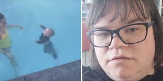 baby floating in pool (l) person looking at camrea (r)