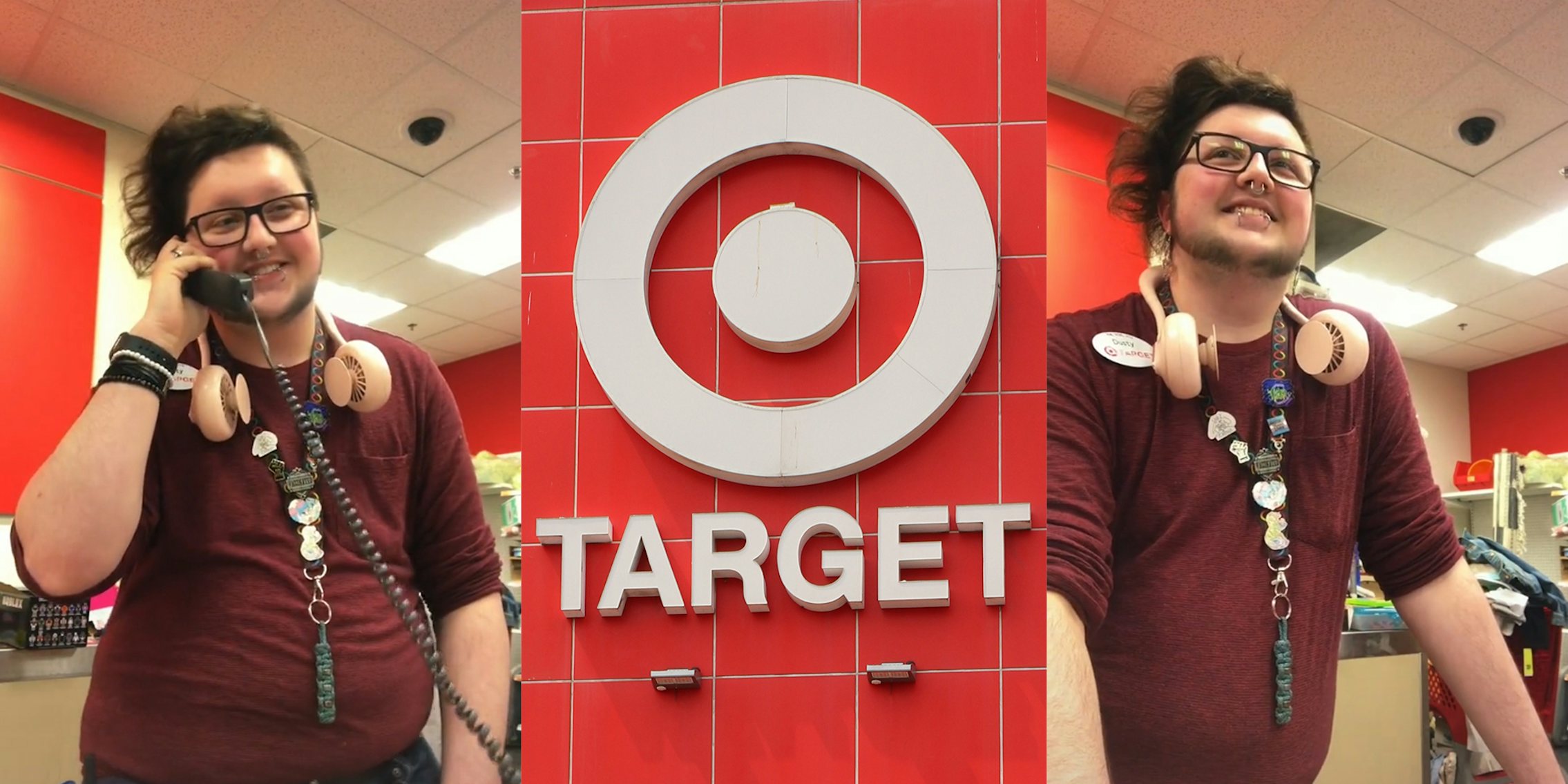 Target employee on store public address phone (l&r) Target logo (c)